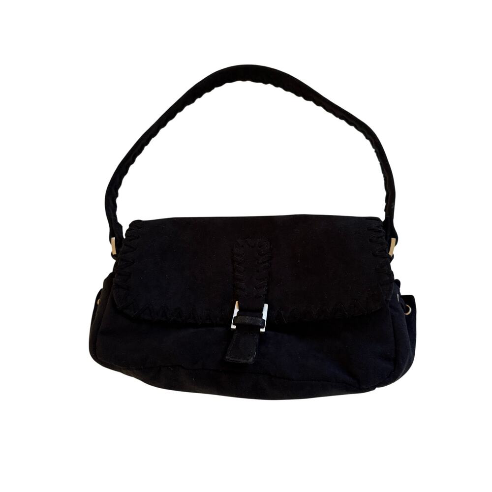 Liz Claiborne Purse Black Faux Suede Boho Shoulder Bag Whipstitch Flap Y2K Hobo